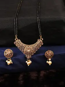 ANIKAS CREATION Gold-Plated Black & Beige Stone-Studded & Beaded Mangalsutra With Earrings
