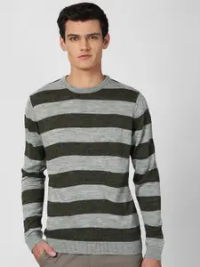 Peter England Casuals Men Olive Green & Grey Striped Pullover
