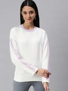 abof Women White Solid Sweatshirt With Stripe Detail On Sleeves