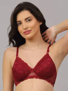 PrettyCat Maroon Floral Lace Lightly Padded Bra