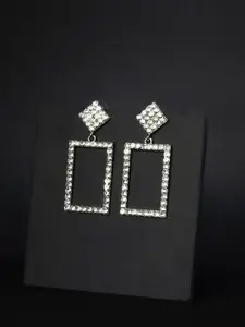 Kazo Silver-Toned Square Stone Studded Drop Earrings