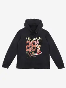 YK Disney Girls Black Minnie Printed Hooded Sweatshirt