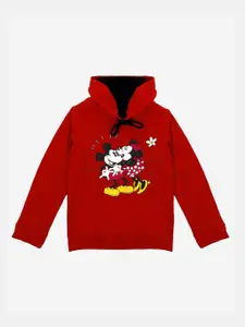 YK Disney Girls Red Mickey & Minnie Printed Hooded Sweatshirt