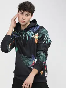 HIGHLANDER Men Black Tropical Printed Hooded Sweatshirt