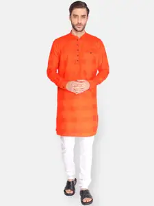 NAMASKAR Men Orange Striped Thread Work Khadi Pure Cotton Kurta