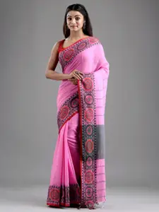Mitera Pink & Black Pure Cotton Saree