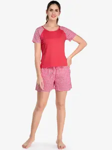 evolove Women Pink Pure Cotton Printed T-shirts & Shorts Night Suit