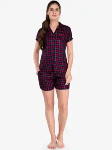 evolove Women Red & Navy Blue Checked Pure Cotton Night Suit