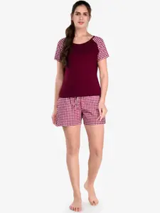 evolove Women Maroon & White Checked Pure Cotton Night suit