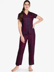 evolove Women Maroon & Blue Checked Night suit