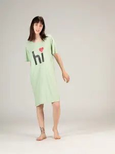evolove Green Graphic Printed Pure Cotton T-shirt Nightdress