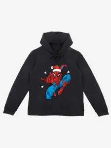 YK Marvel Boys Black Spiderman Printed Hooded Sweatshirt