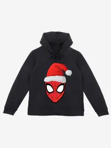 YK Marvel Boys Black Spiderman Printed Hooded Sweatshirt