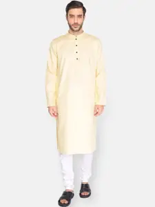NAMASKAR Men Cream-Coloured Cotton Linen Solid Khadi Kurta