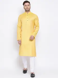 NAMASKAR Men Yellow Solid Cotton Kurta
