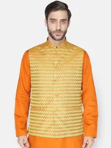 NAMASKAR Men Mustard Yellow Printed Woven Nehru Jacket