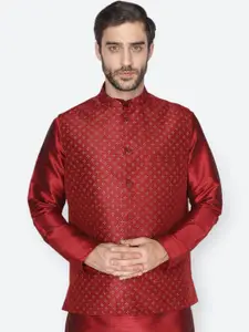 NAMASKAR Men Maroon & Beige Printed Woven Nehru Jacket