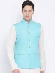 NAMASKAR Men Blue Solid Pure Cotton Woven Nehru Jacket