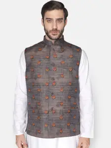 NAMASKAR Men Grey Printed Nehru Jacket