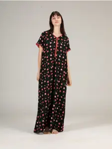 evolove Black & Peach-Coloured Floral Printed Pure Cotton Maxi Nightdress