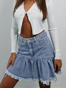 Missguided Women Blue Solid Pure Cotton Mini Denim Flared Skirt