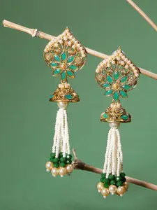 Priyaasi Red Gold-Plated Pearls & Green Stones Studded Drop Earrings