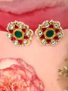 Priyaasi Red & Green Floral Gold Plated Kundan Beaded Brass Studs