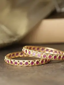 Priyaasi Set Of 2 Gold-Plated Magenta Ruby-Studded Bangles