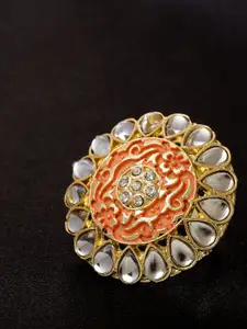 Priyaasi Peach-Coloured & White Gold-Plated Kundan-Studded Meenakari Finger Ring