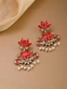 Priyaasi Gold-Plated & Red Meenakari Handcrafted Floral Drop Earrings