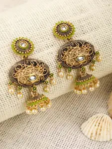 Priyaasi Green & Gold-Plated Contemporary Kundan Jhumkas Earrings
