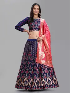 DIVASTRI Pink & Navy Blue Banarasi Semi-Stitched Lehenga & Unstitched Blouse With Dupatta