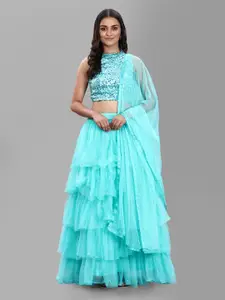 DIVASTRI Turquoise Blue Semi-Stitched Ruffle Lehenga & Unstitched Blouse With Dupatta
