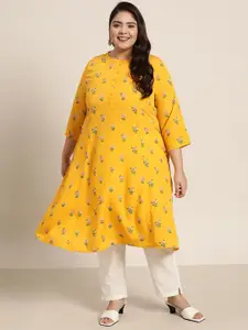 Sztori Women Plus Size Mustard Yellow & Green Floral Printed A-Line Kurta
