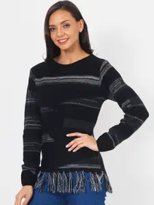 JoE Hazel Women Black & White Striped Acrylic Pullover