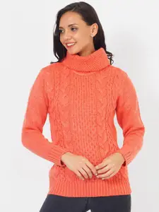 JoE Hazel Women Orange Cable Knit Acrylic Pullover Sweater