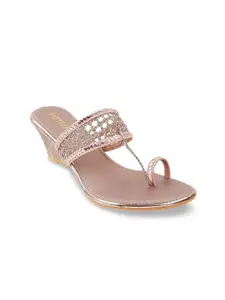 Metro Gold-Toned & Pink Embellished Wedge Sandals