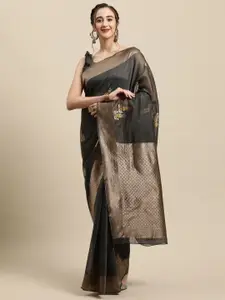Saree mall Grey & Gold-Toned Floral Zari Linen Blend Banarasi Sarees