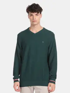 Arrow Sport Men Green  V-Neck Patterned Knit Pure Cotton Pullover Sweater