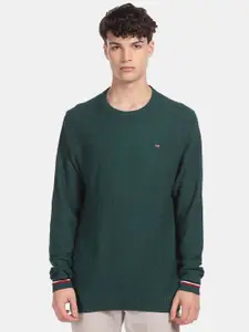 Arrow Sport Men Green Crew Neck Patterned Knit Pure Cotton Pullover Sweater