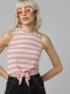 ONLY Women Pink Striped Crop T-shirt