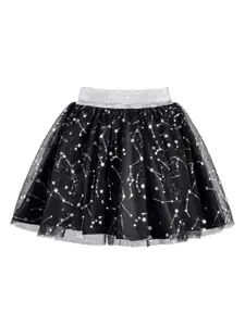 Hunny Bunny Girls Black & Silver-Coloured Printed Flared Knee Length Skirt