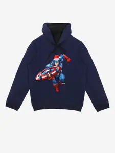 YK Marvel Boys Navy Blue Printed Hooded Sweatshirt