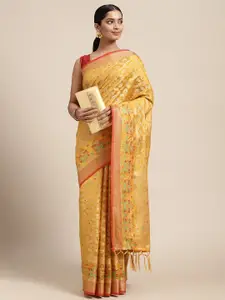 Mitera Yellow Ethnic Motifs Silk Cotton Banarasi Saree