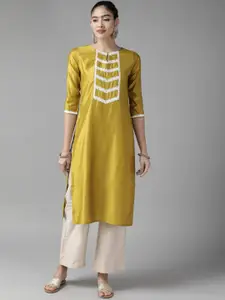 Indo Era Women Green Yoke Design Keyhole Neck Liva Kurta