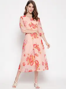 AKIMIA Peach-Coloured Floral Georgette Midi Dress