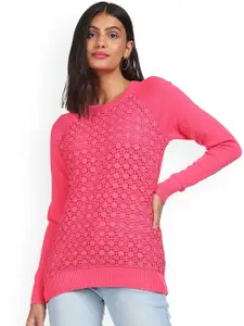 Sugr Women Fuchsia Round Neck Lace Sweater