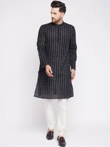 even Men Black Geometric Striped Thread Work Kurta