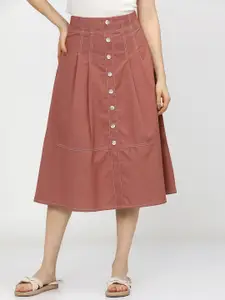 Tokyo Talkies Women Rust-Brown Solid A-Line Midi Skirt