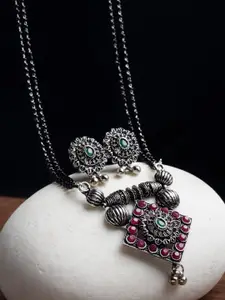 PANASH Oxidised Silver-Plated Pink & Green Stone-Studded & Black Beaded Mangalsutra With Earrings